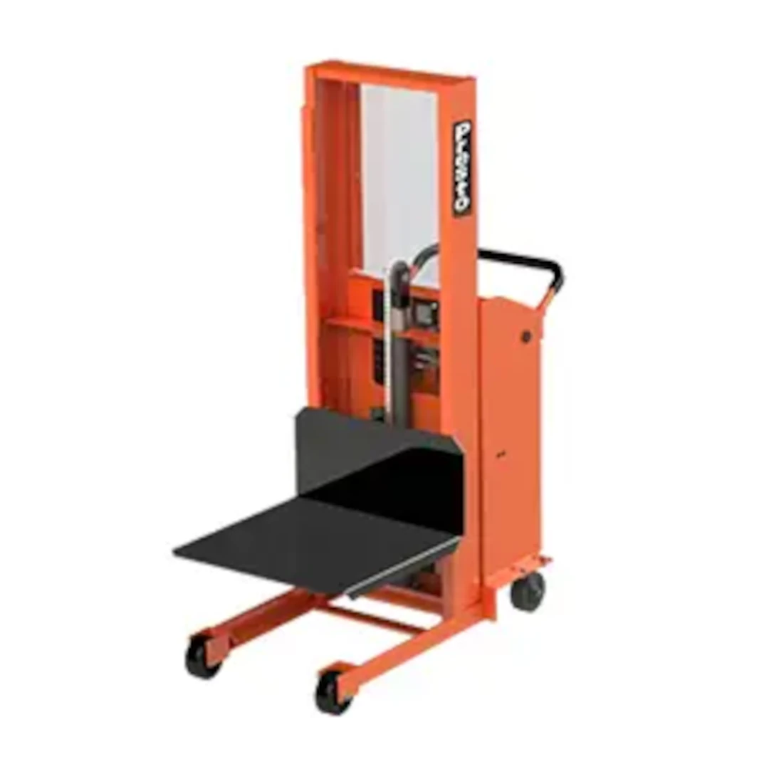 Orange powered pallet stacker lift.