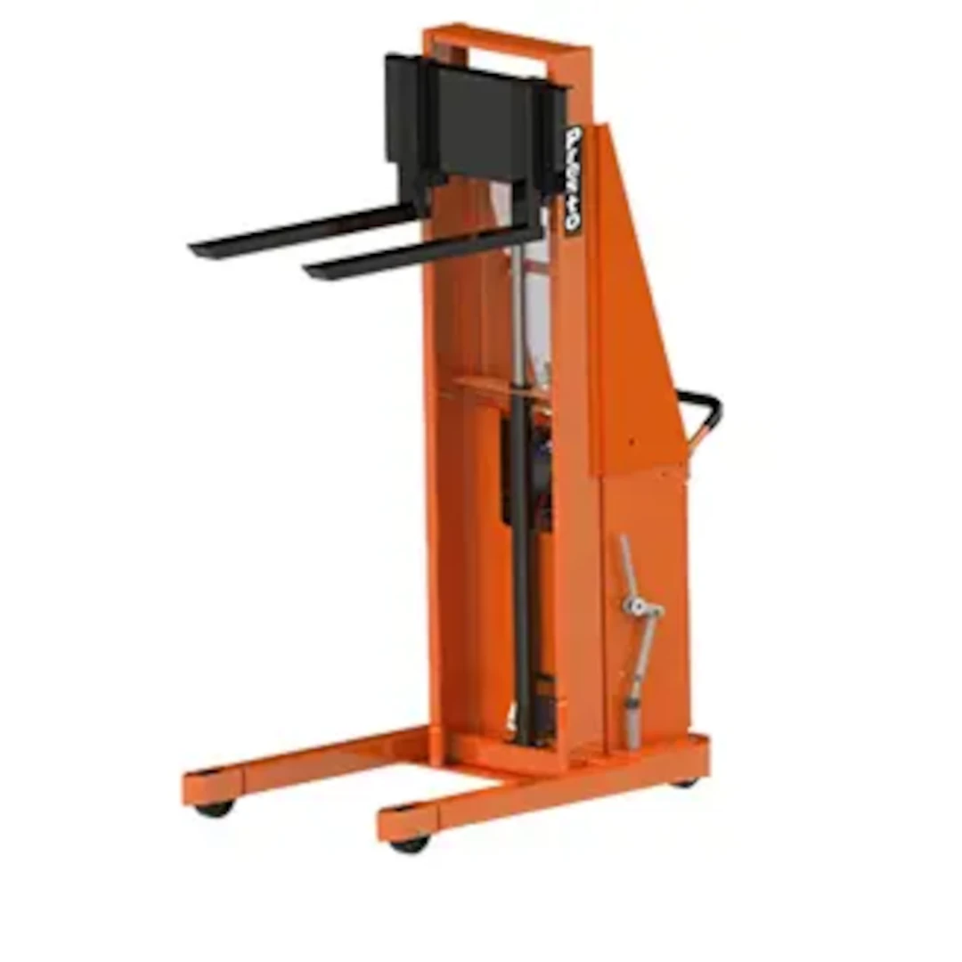 Orange pallet lift truck with forks.