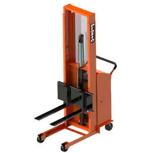 Here's an alt tag for the image: Orange manual pallet stacker lift.
