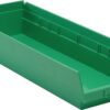 Green plastic storage bin with dividers.