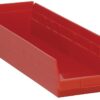 Red plastic storage bin, long.