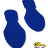 Here's an 8-word alt tag for the image: Blue footprints, directional floor markers, safety signs.