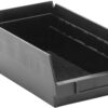 Black plastic storage bin for parts.