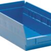 Blue plastic storage bin with dividers.