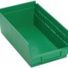 Green plastic storage bin with dividers.
