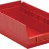 Red plastic storage bin for parts.