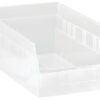 Clear plastic storage bin with dividers.