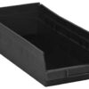 Black plastic storage bin, angled.