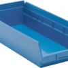 Blue plastic storage bin with dividers.