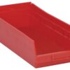 Red plastic storage bin for parts.