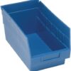 Blue plastic storage bin with dividers.