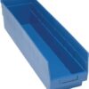 Blue plastic storage bin with dividers.