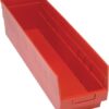 Red plastic storage bin with dividers.