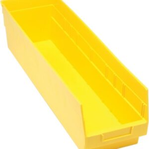 Yellow plastic storage bin with dividers.