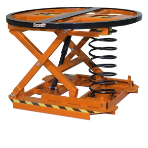 Here's an alt tag for the image: `Orange scissor lift table with spring`