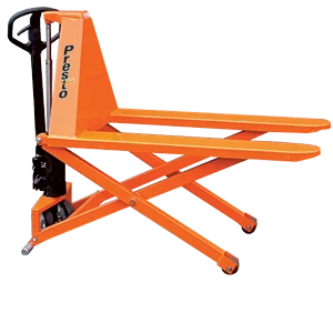 Here's an alt tag for the image: Orange Presto folding hand pallet truck.