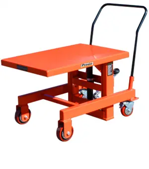 Here's an alt tag for the image: Orange hydraulic lift table with handle.