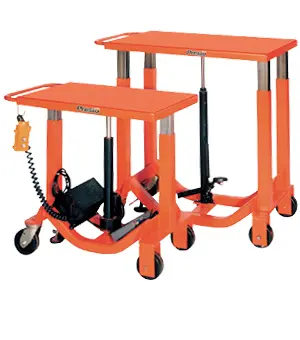 Here's a short alt tag for the image: `Two orange hydraulic lift tables`