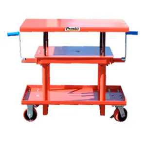 Here's an 8-word alt tag for the image: Red adjustable height work table on wheels.