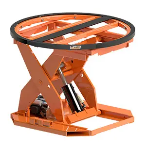 Here's an alt tag for the image: Orange motorized turntable lift.