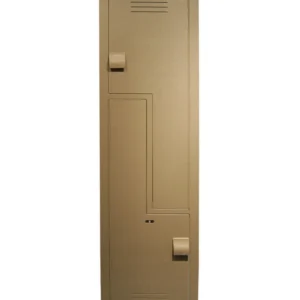 Beige double-door locker with small handles.