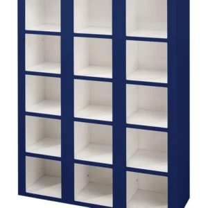 Navy blue cube storage shelf unit.