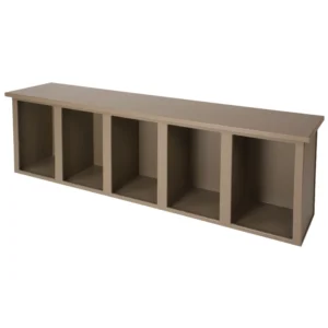 Here's an alt tag for the image: Brown wall-mounted shelf with six compartments.