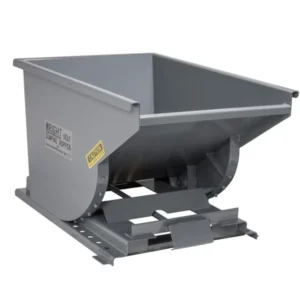 Gray self-dumping hopper with caution label.