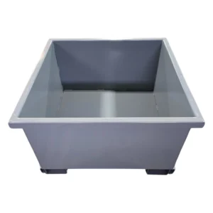 Gray metal storage bin with feet.