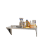 Cleaning supplies on stainless steel shelf.