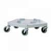 Hexagonal metal dolly with four wheels.