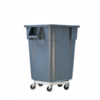 Gray wheeled plastic garbage bin.