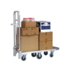 Aluminum hand truck with stacked boxes.