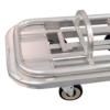Aluminum hand truck with wheels and handle.