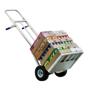 A hand truck loaded with multiple stacked boxes.