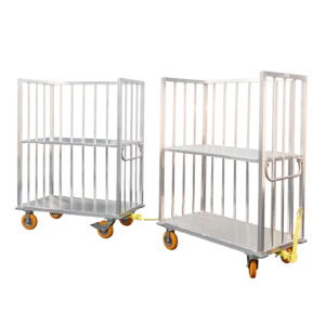 Metal carts with wheels on black background.